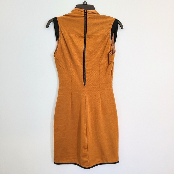 5/$30 Xtaren Brown Zipper Side Cinched Body Con Dress w/ V-neck & Cap Shoulder - Picture 3 of 4